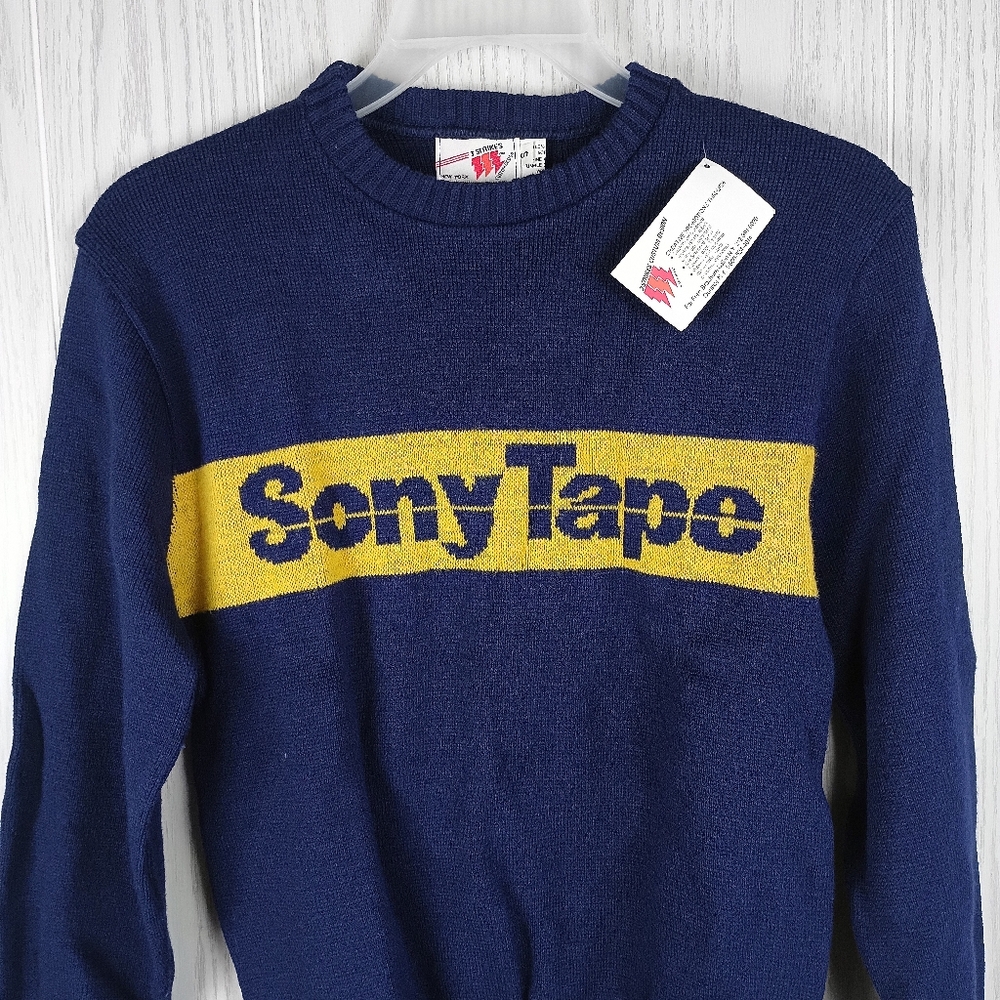 VINTAGE w/tag 1980's Extremely Rare Navy yellow Sony Tape knitted Sweater Size S - Picture 2 of 14